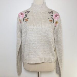 Cream Embroidered Floral Butterfly Sweater Mock Neck Pullover Women’s Size Large